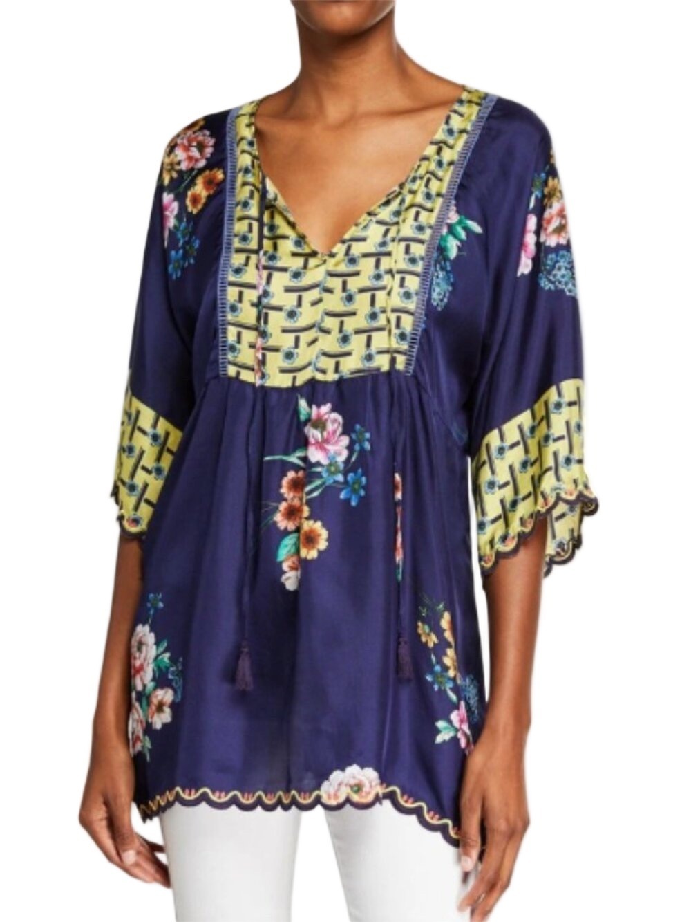Johnny Was Oman Rare Boho Navy Blue Floral Bell Sleeve Swing Blouse XS